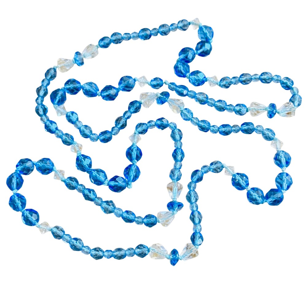 VTG Art Deco Czech Blue Glass Necklace Flapper Beaded Carved Faceted 1920s 36"
